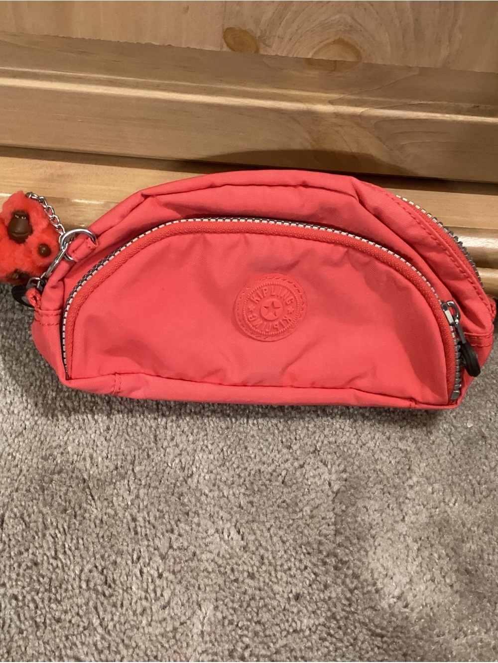 Kipling Coral Pink Nylon Cosmetic Pouch with Monkey Charm